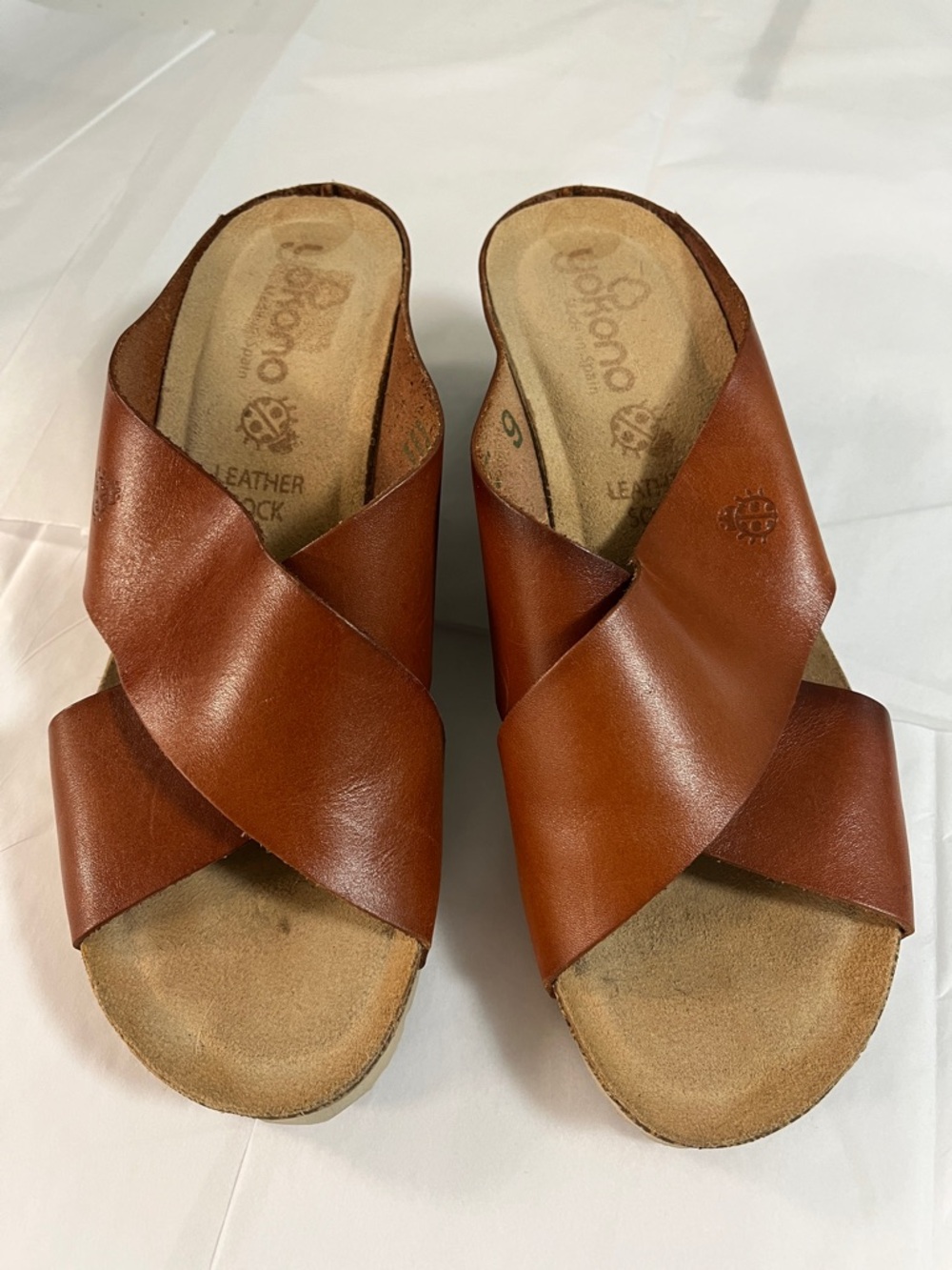 Yokono Women's Tan Leather Cross-Over Slide Sandals Size 9 made in Spain